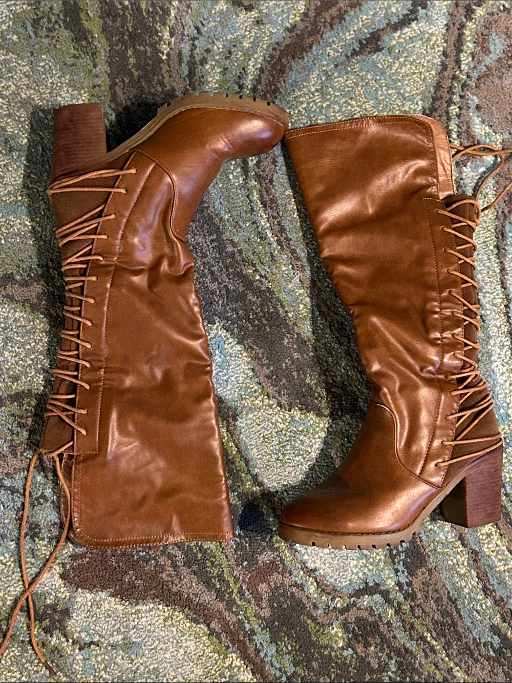 Women's Tall Lace-Up Chestnut Brown Block Heel Boots